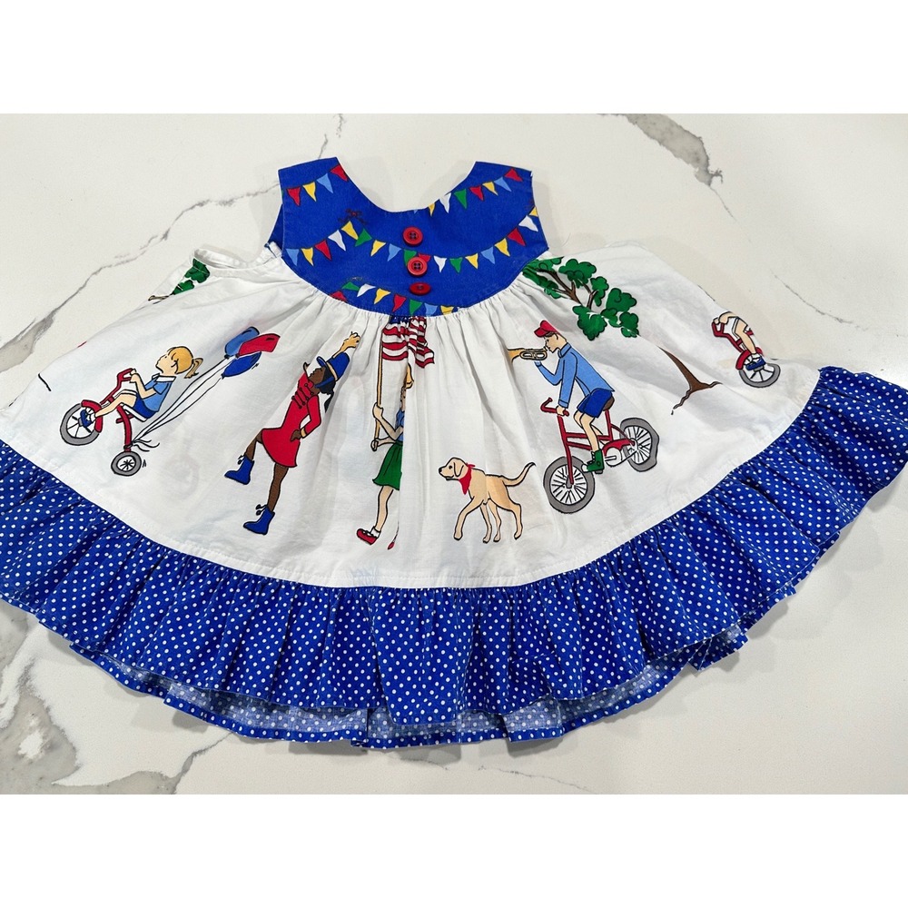 Eleanor Rose Parade Print Baby Girl Dress Polka Dot Ruffle Blue‎ White 12M